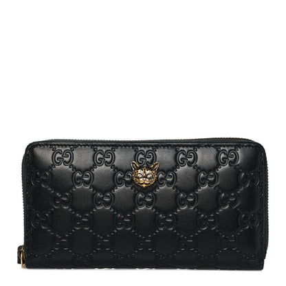 Gucci Guccissima Signature Crystal Cat Zip Around Wallet Black 1 of 8