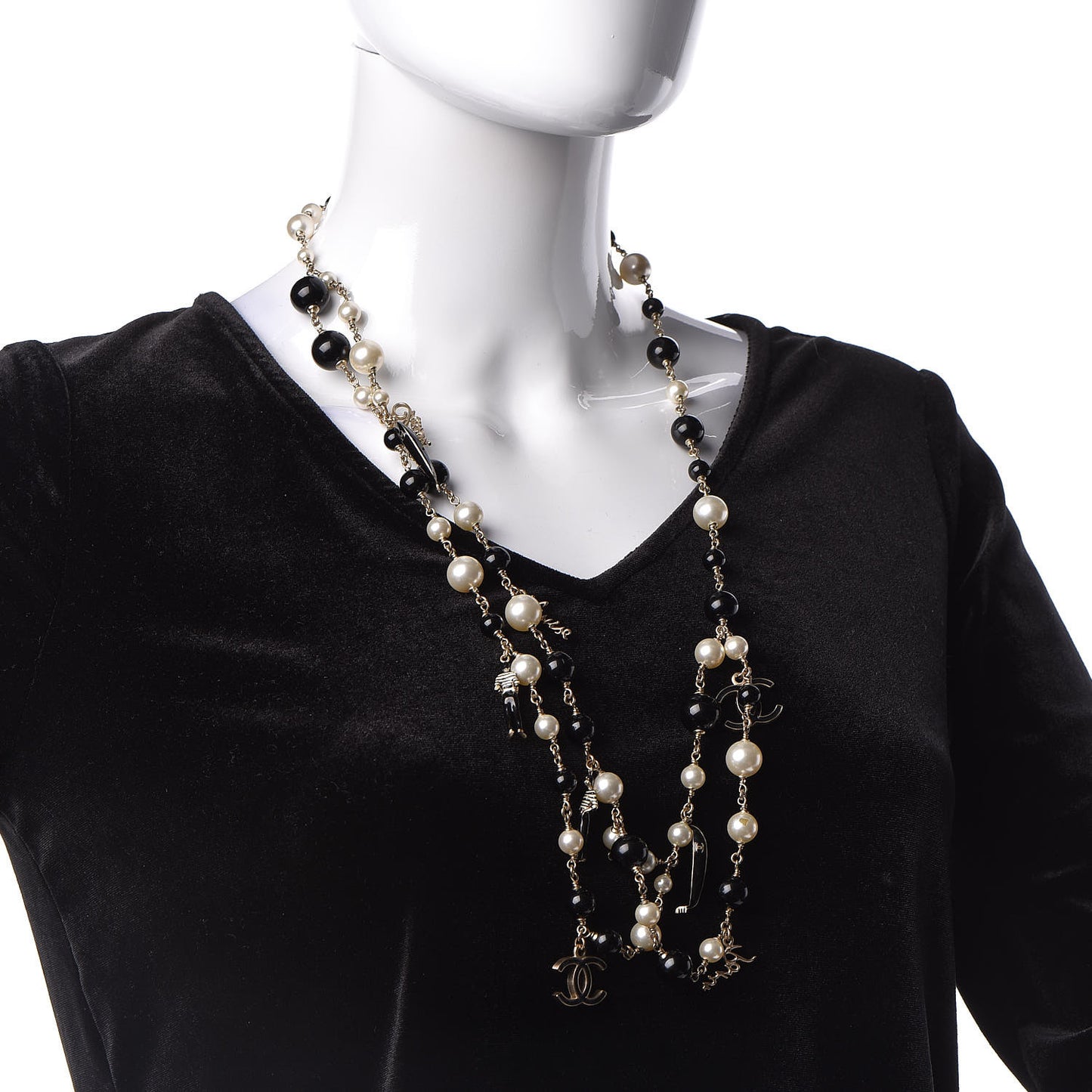 Pearl Bead Enamel CC Coco Long Necklace Black Gold