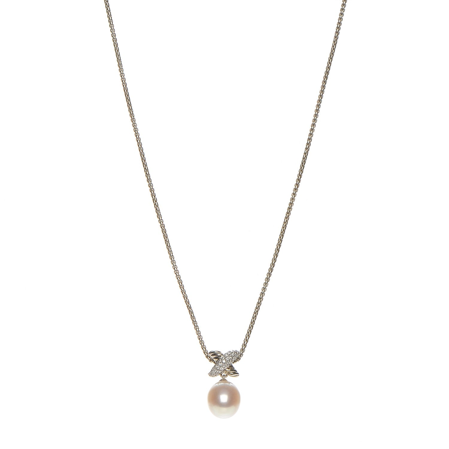 David Yurman Sterling Silver Pearl Diamond 25mm X Pendant Necklace 1 of 5