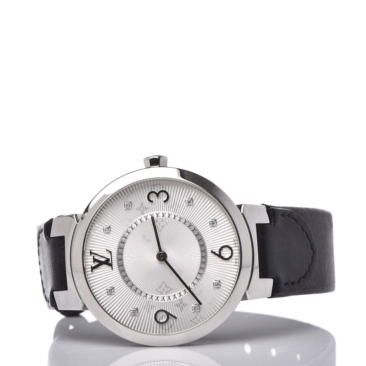 Louis Vuitton Stainless Steel Calfskin Diamond 33mm Tambour Slim Quartz Watch 3 of 5