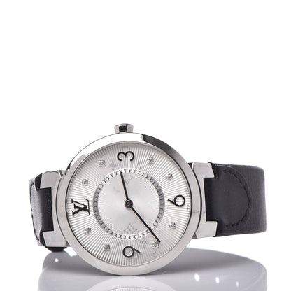Louis Vuitton Stainless Steel Calfskin Diamond 33mm Tambour Slim Quartz Watch 3 of 5