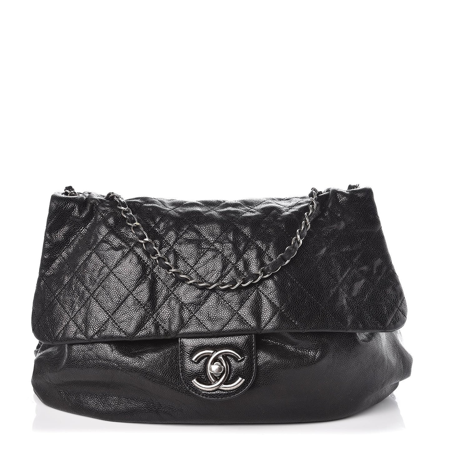 Crumpled Caviar Quilted Maxi Elastic Flap Black
