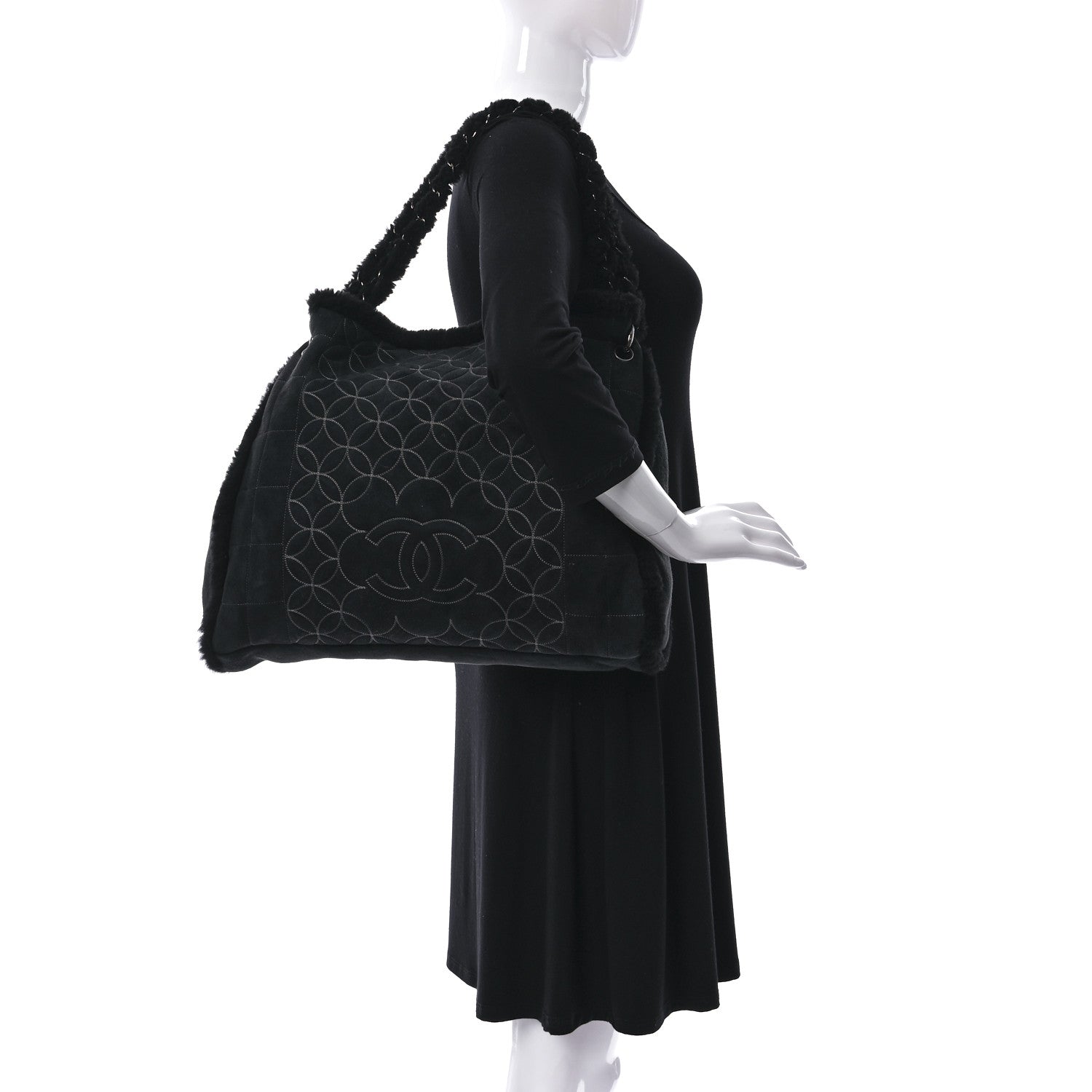 Chanel Shearling Suede Stitched CC Tote Black 2 of 11