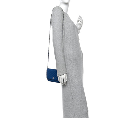 Chanel Caviar Chevron Quilted Wallet On Chain WOC Blue 2 of 13