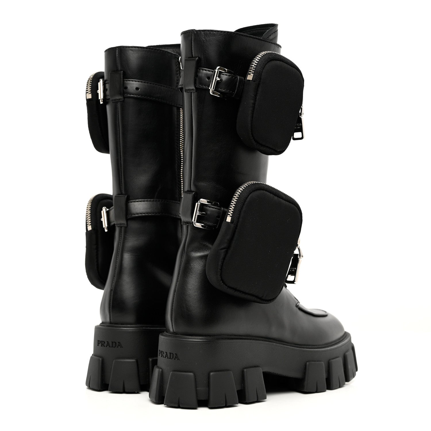 Prada Vitello Lux Nylon Logo Monolith Pouch Pocket 55mm Tall Combat Boots 38 Black 3 of 7