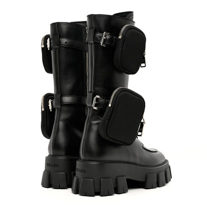 Prada Vitello Lux Nylon Logo Monolith Pouch Pocket 55mm Tall Combat Boots 38 Black 3 of 7