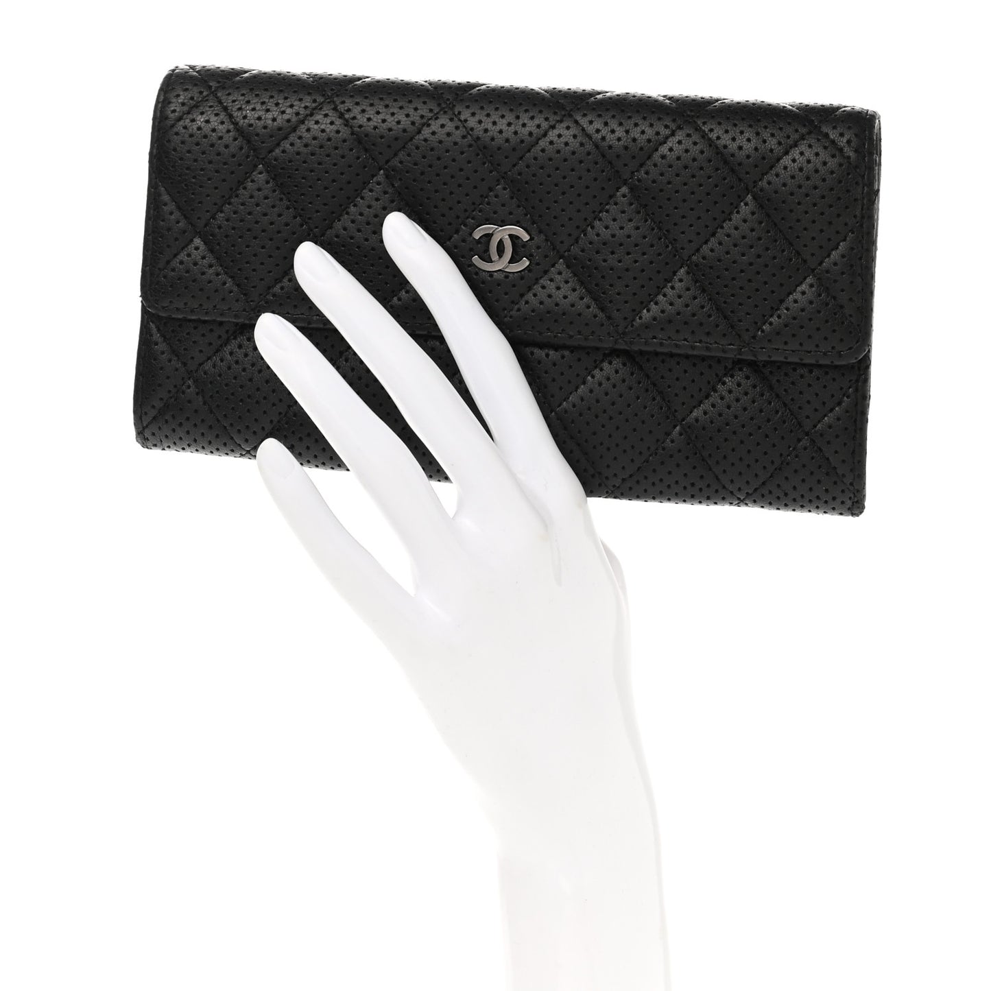 Perforated Lambskin Quilted Large Gusset Flap Wallet Black