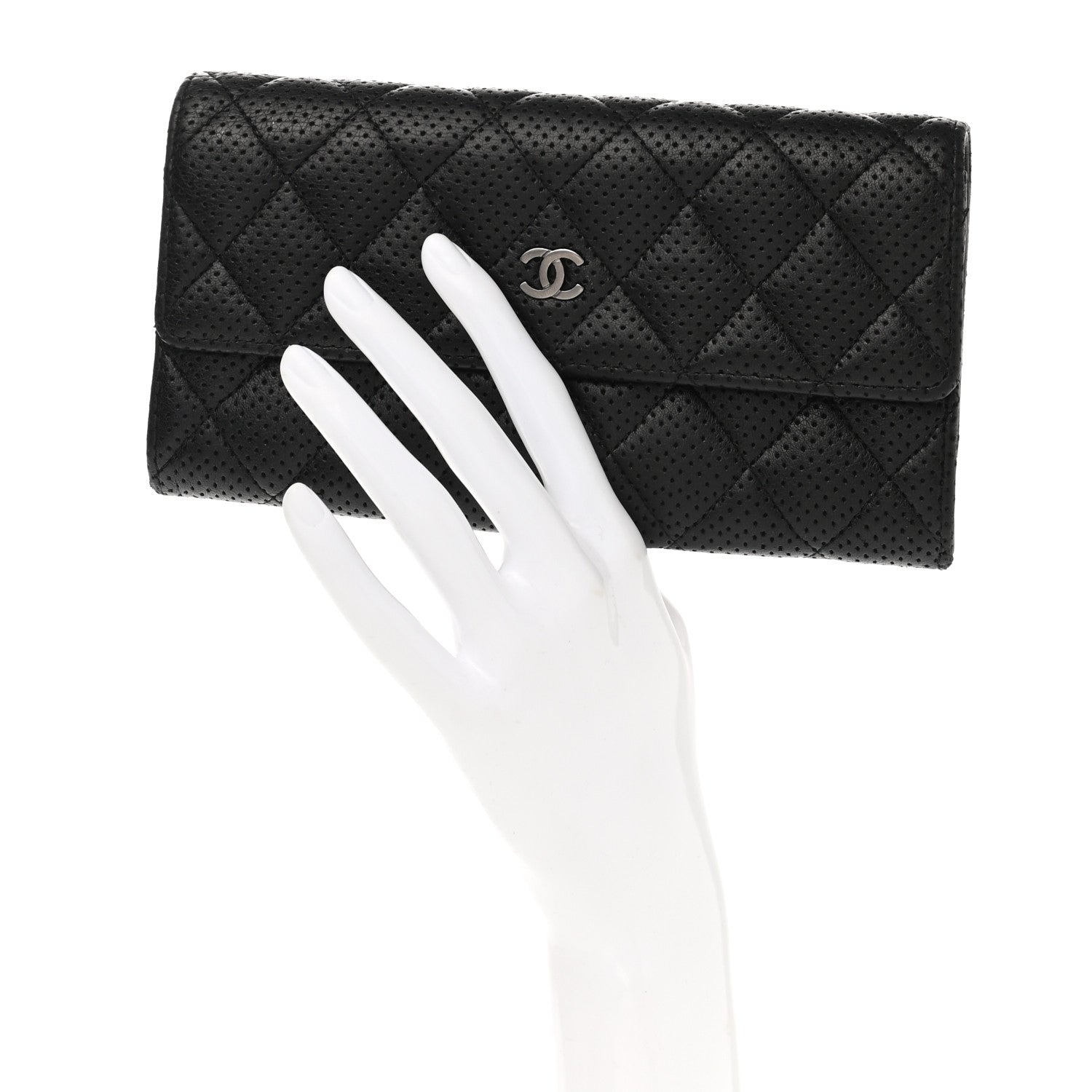 Chanel Perforated Lambskin Quilted Large Gusset Flap Wallet Black 2 of 10