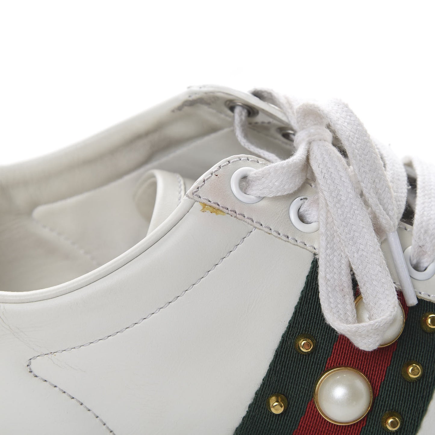 Calfskin Web Pearl Studded Womens Ace Sneakers 36.5 White