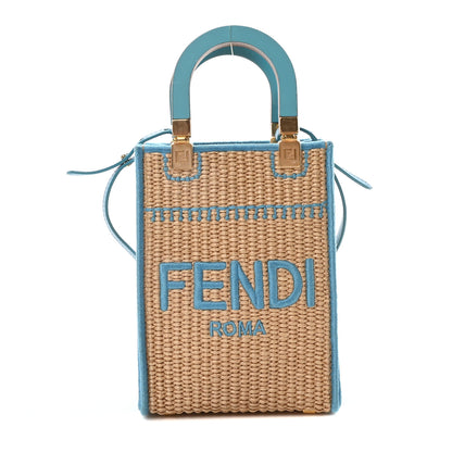 Fendi Straw Vitello Grace Cuoio Logo Braided Embroidered Mini Sunshine Shopper Natural Blue 1 of 10
