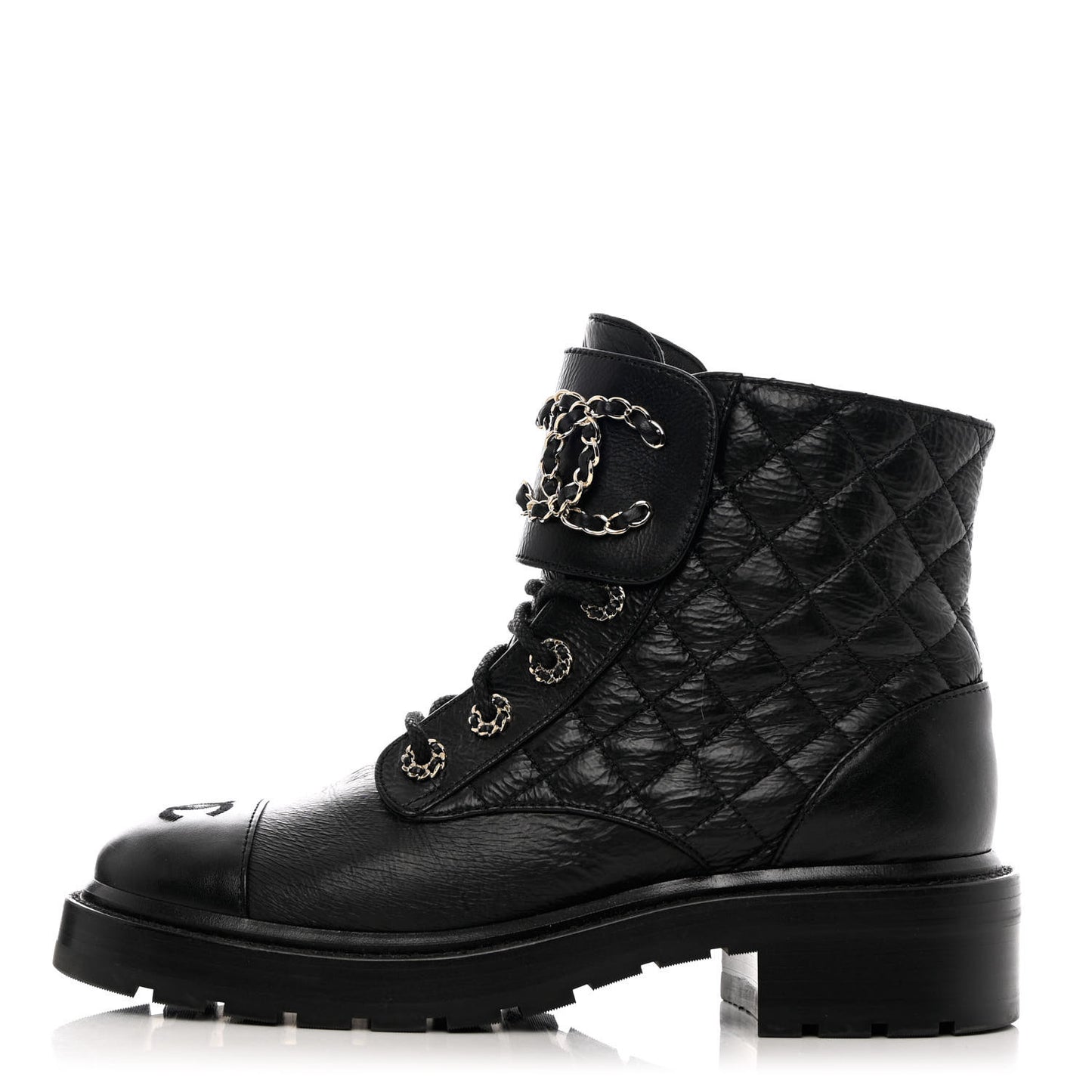 Shiny Calfskin Quilted Lace Up Combat Boots 38 Black