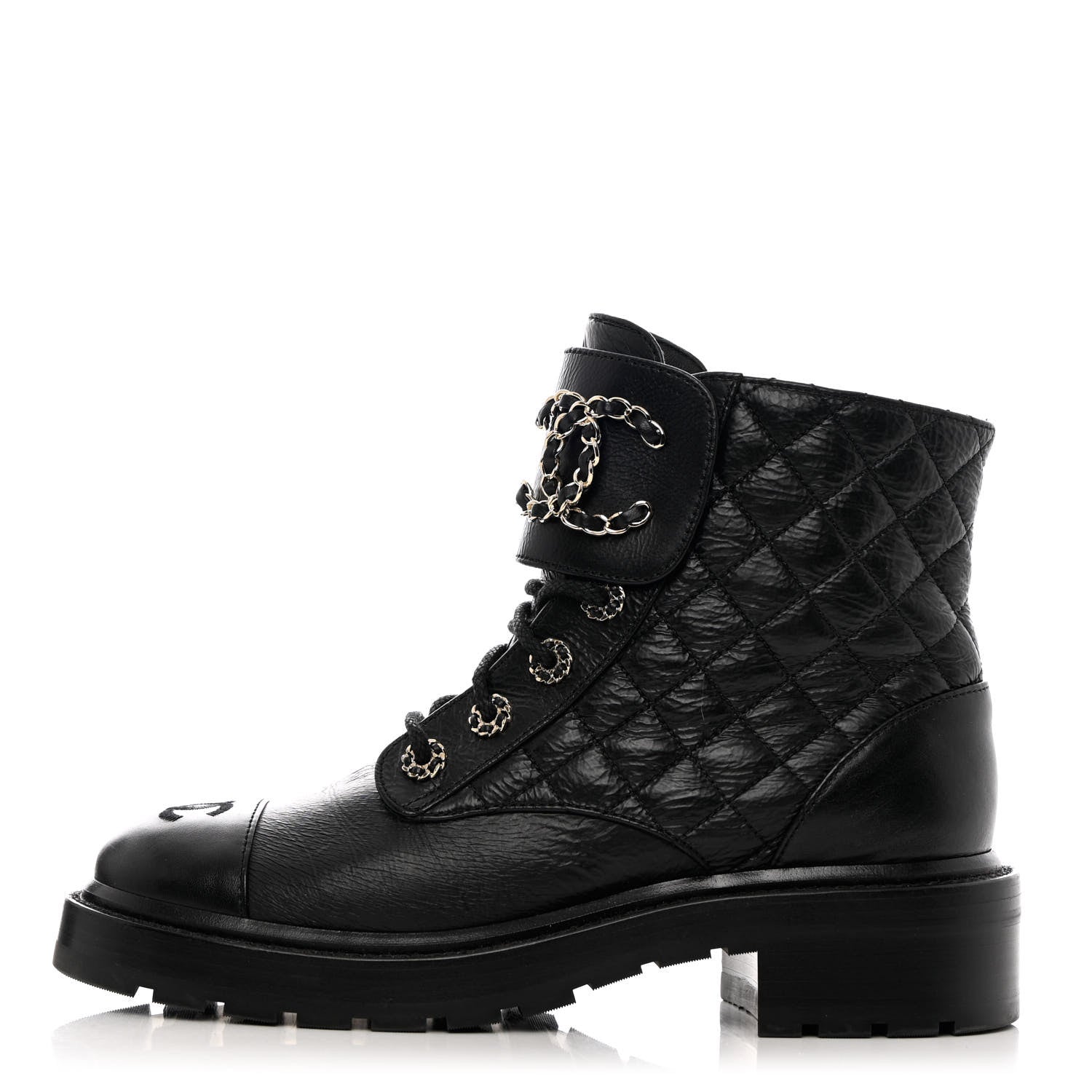 Chanel Shiny Calfskin Quilted Lace Up Combat Boots 38 Black 1 of 11