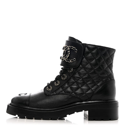Chanel Shiny Calfskin Quilted Lace Up Combat Boots 38 Black 1 of 11