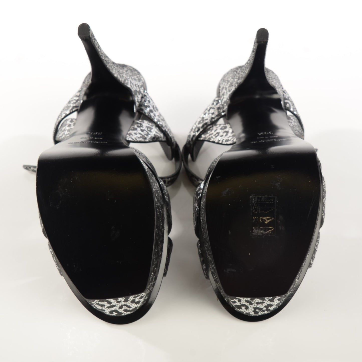 Metallic Calfskin Leopard Print Tribute 105 Platform Sandals 39 Black Silver