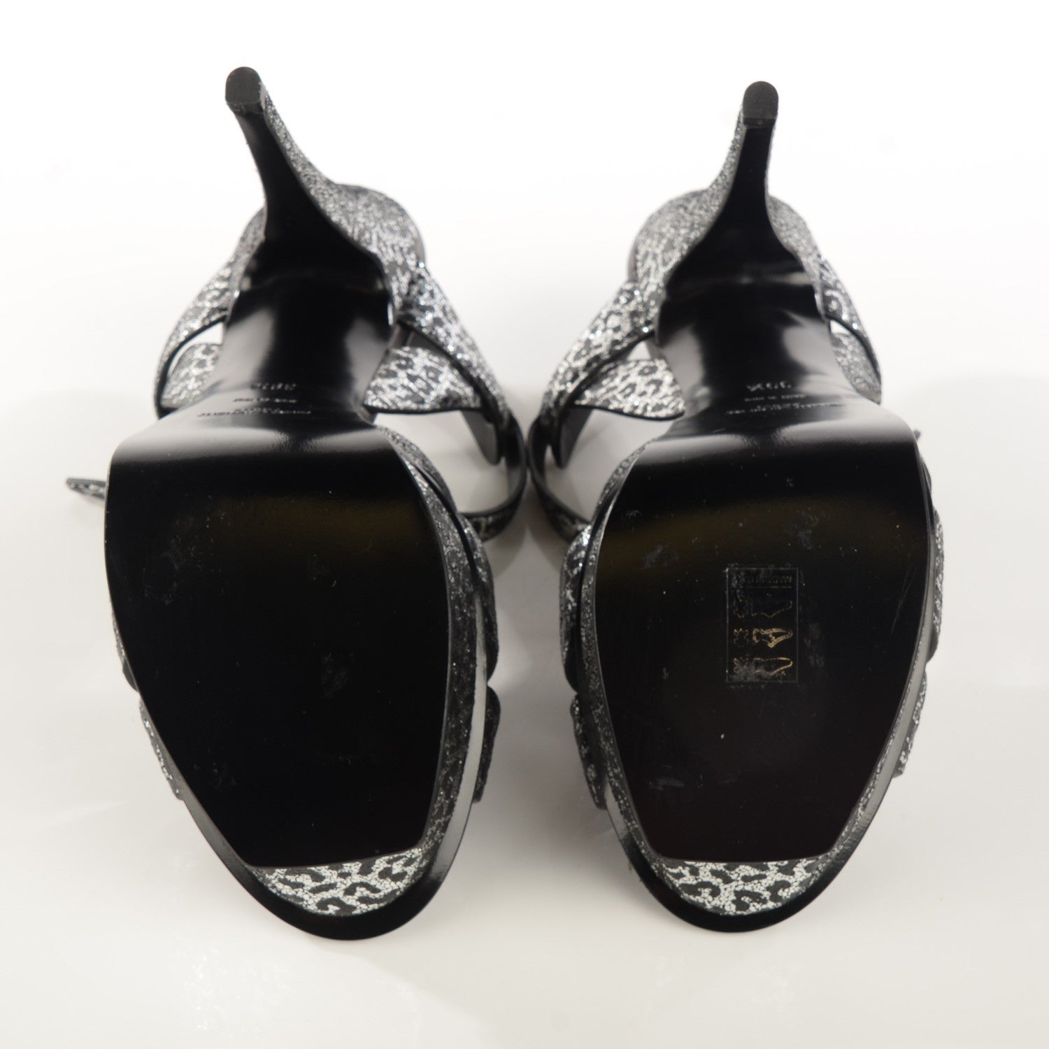Saint Laurent Metallic Calfskin Leopard Print Tribute 105 Platform Sandals 39 Black Silver 6 of 9