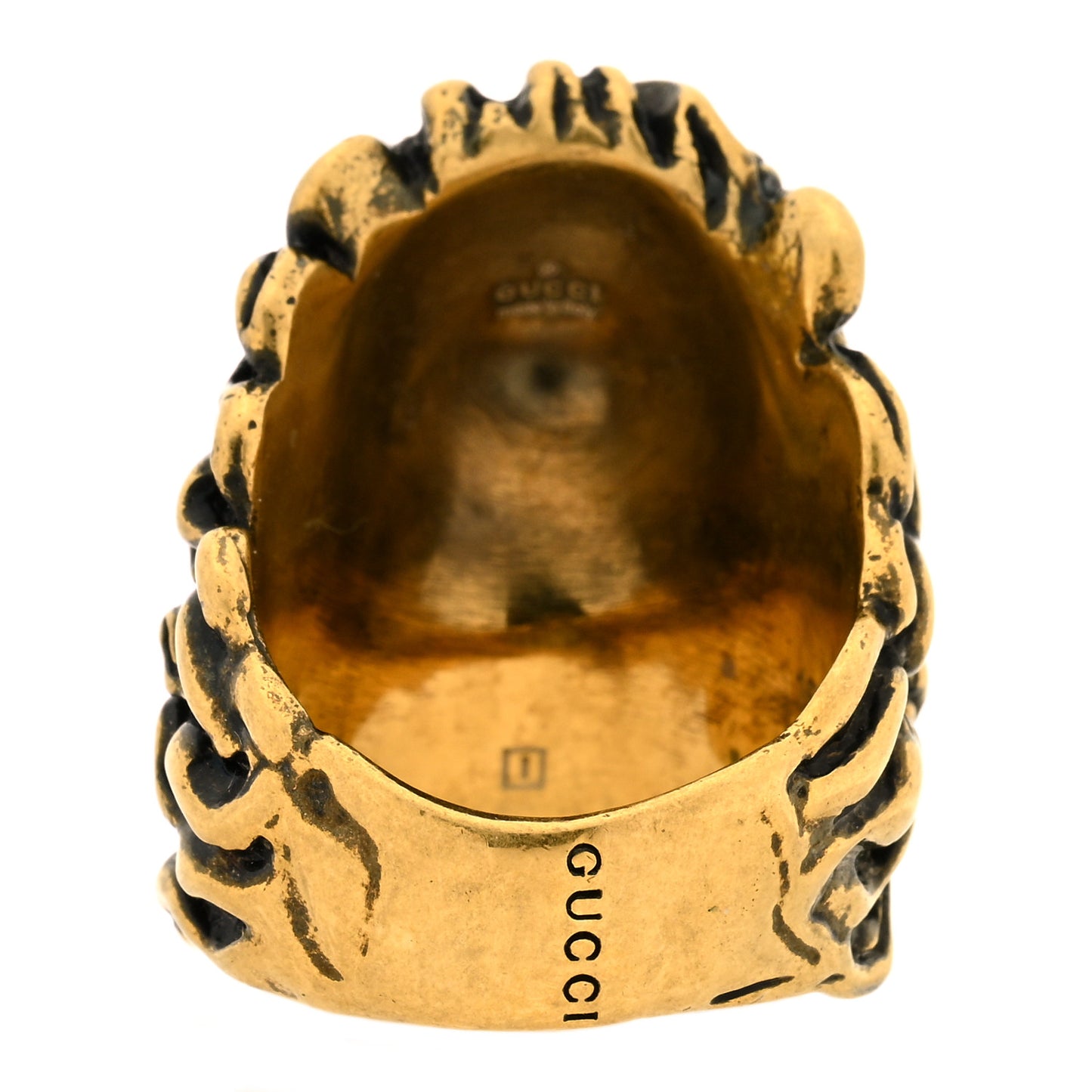 Metal Glass Pearl Lion Head Ring 6.25 Aged Gold