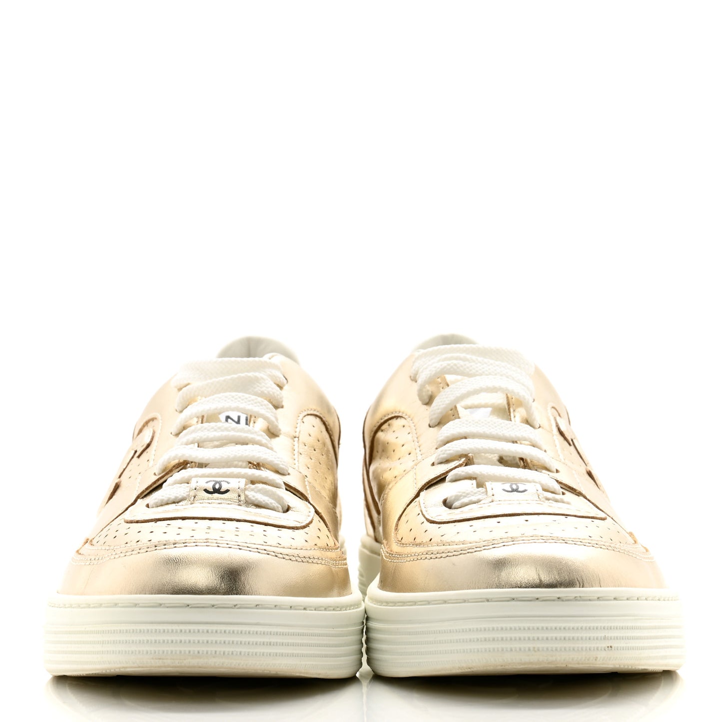 Laminated Calfskin CC Womens Sneakers 38 Golden