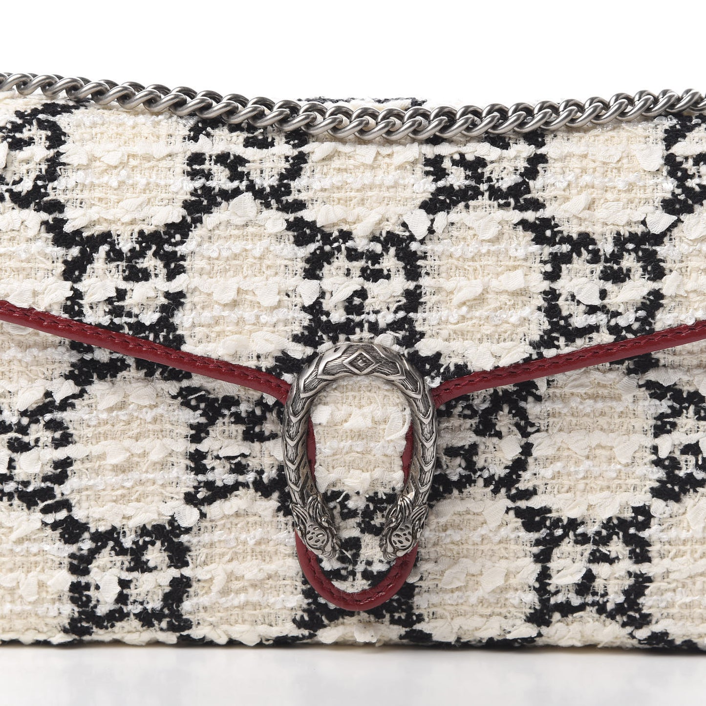 Tweed GG Monogram Mini Dionysus Chain Wallet White Black Romantic Cherry