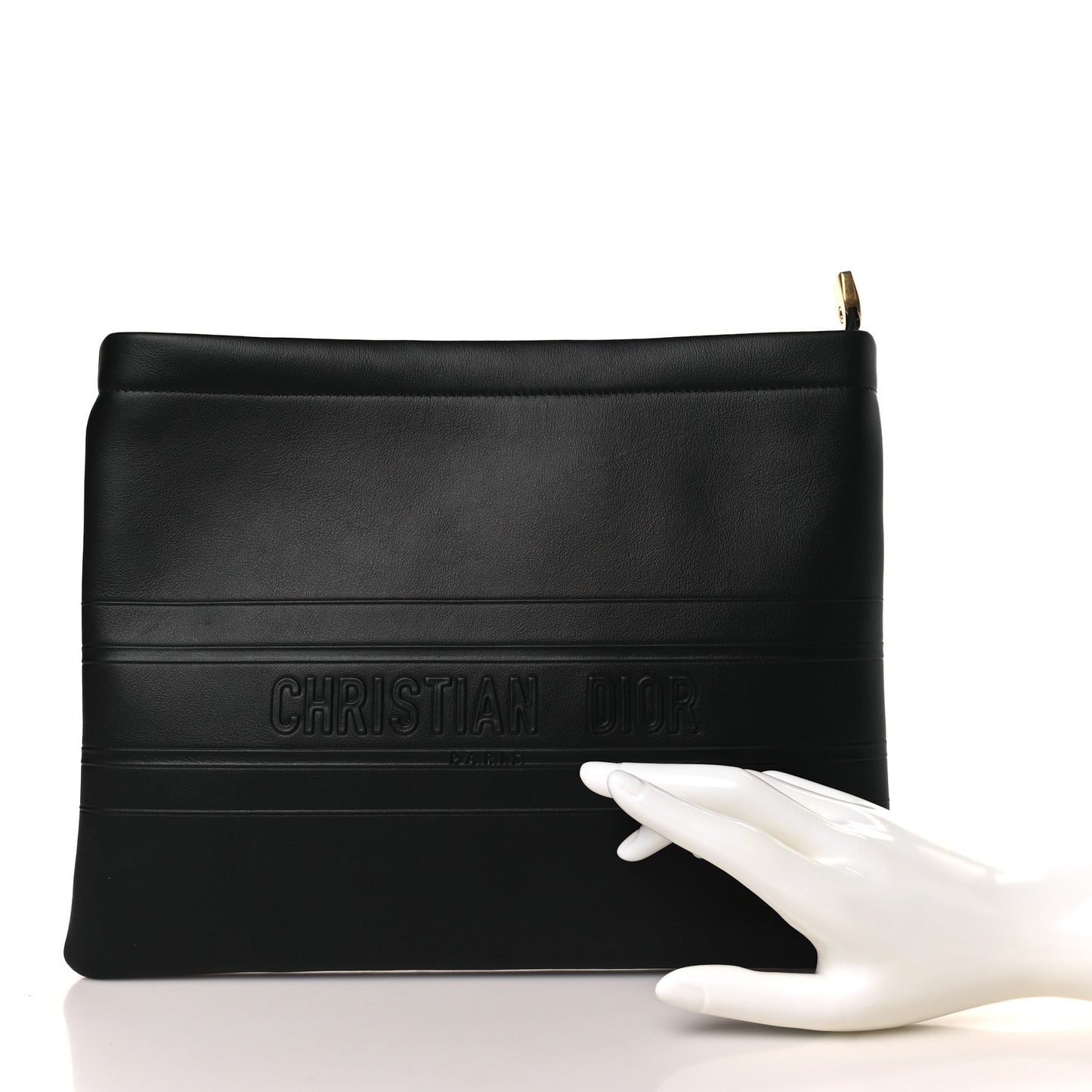 Calfskin Embossed Logo Zip Clutch Black