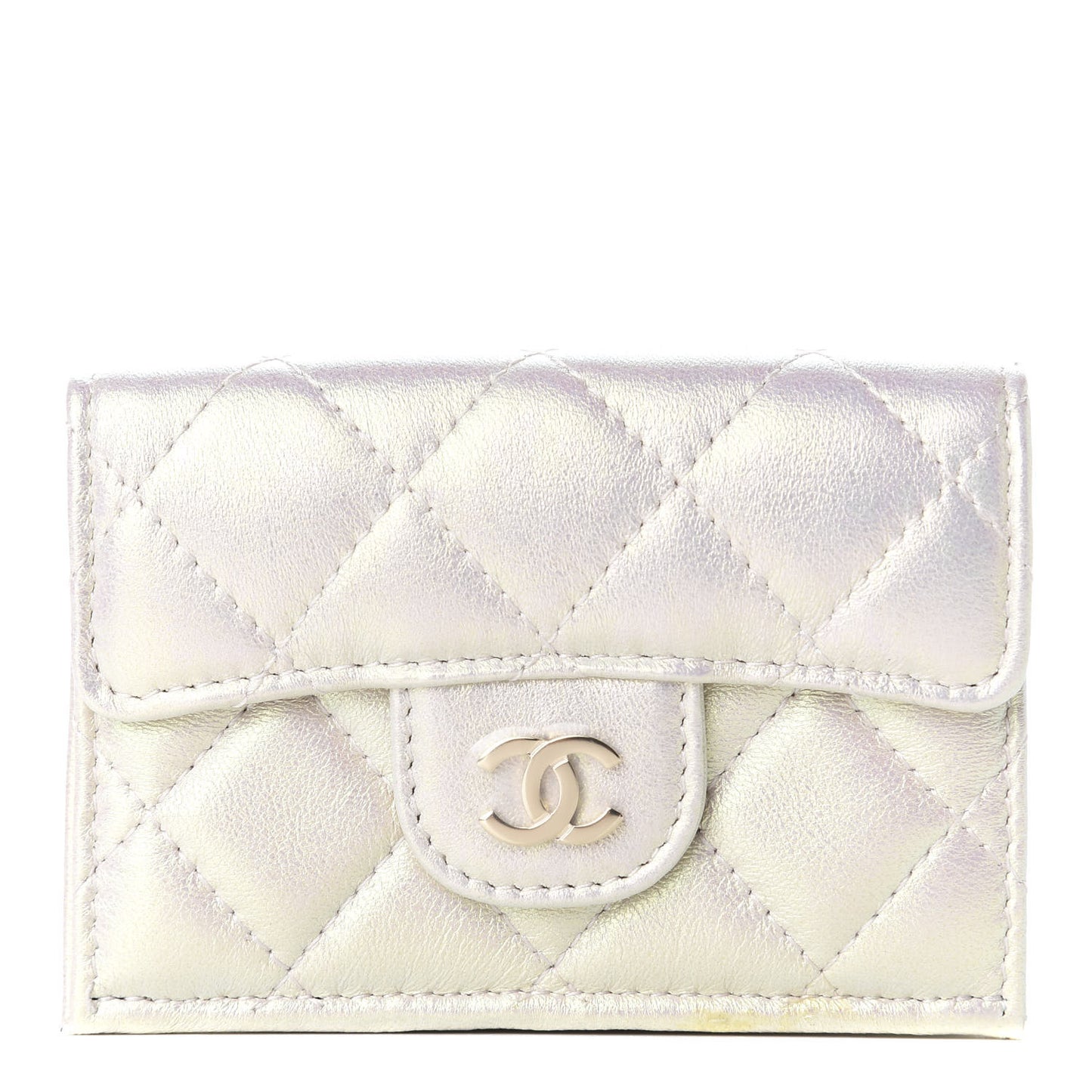 Iridescent Lambskin Quilted Double Flap Wallet Ivory