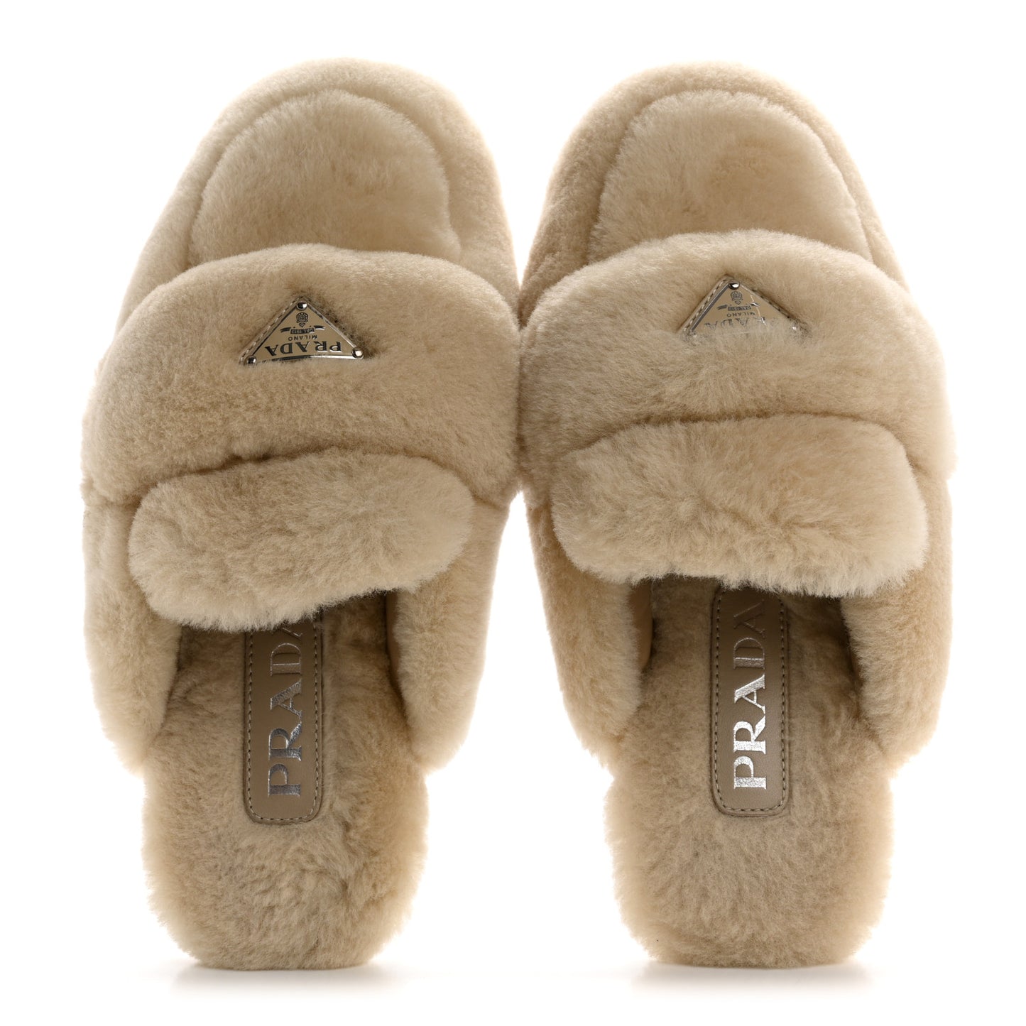 Shearling Metal Triangle Logo Loafer Mules 37 Beige