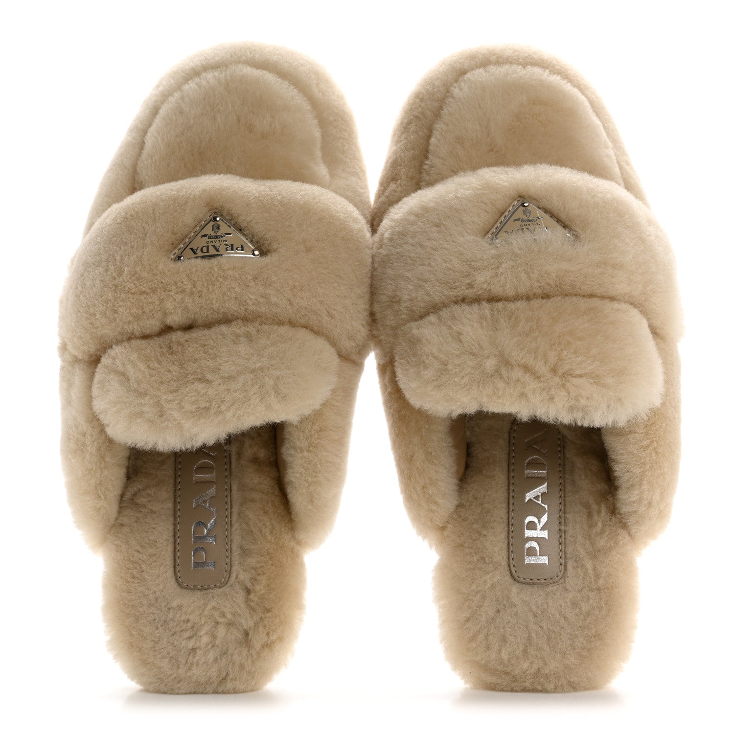 Prada Shearling Metal Triangle Logo Loafer Mules 37 Beige 2 of 9