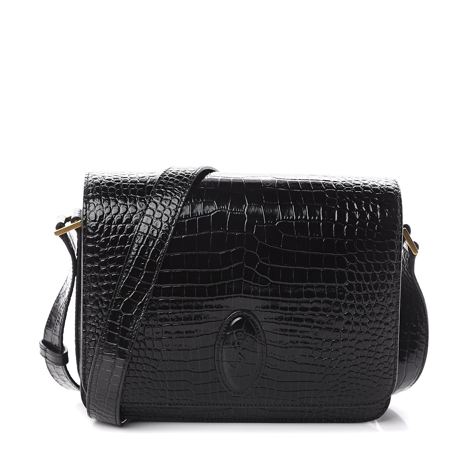 Saint Laurent Calfskin Crocodile Embossed New Besace Crossbody Bag Black 1 of 8