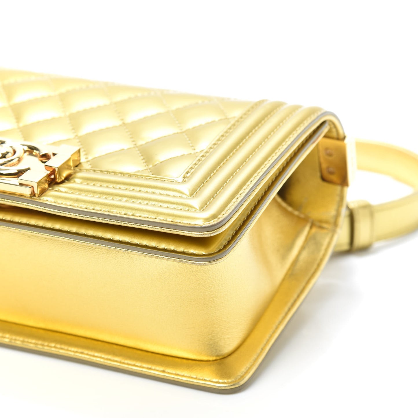 Metallic Patent Calfskin Quilted Small Boy Flap Gold