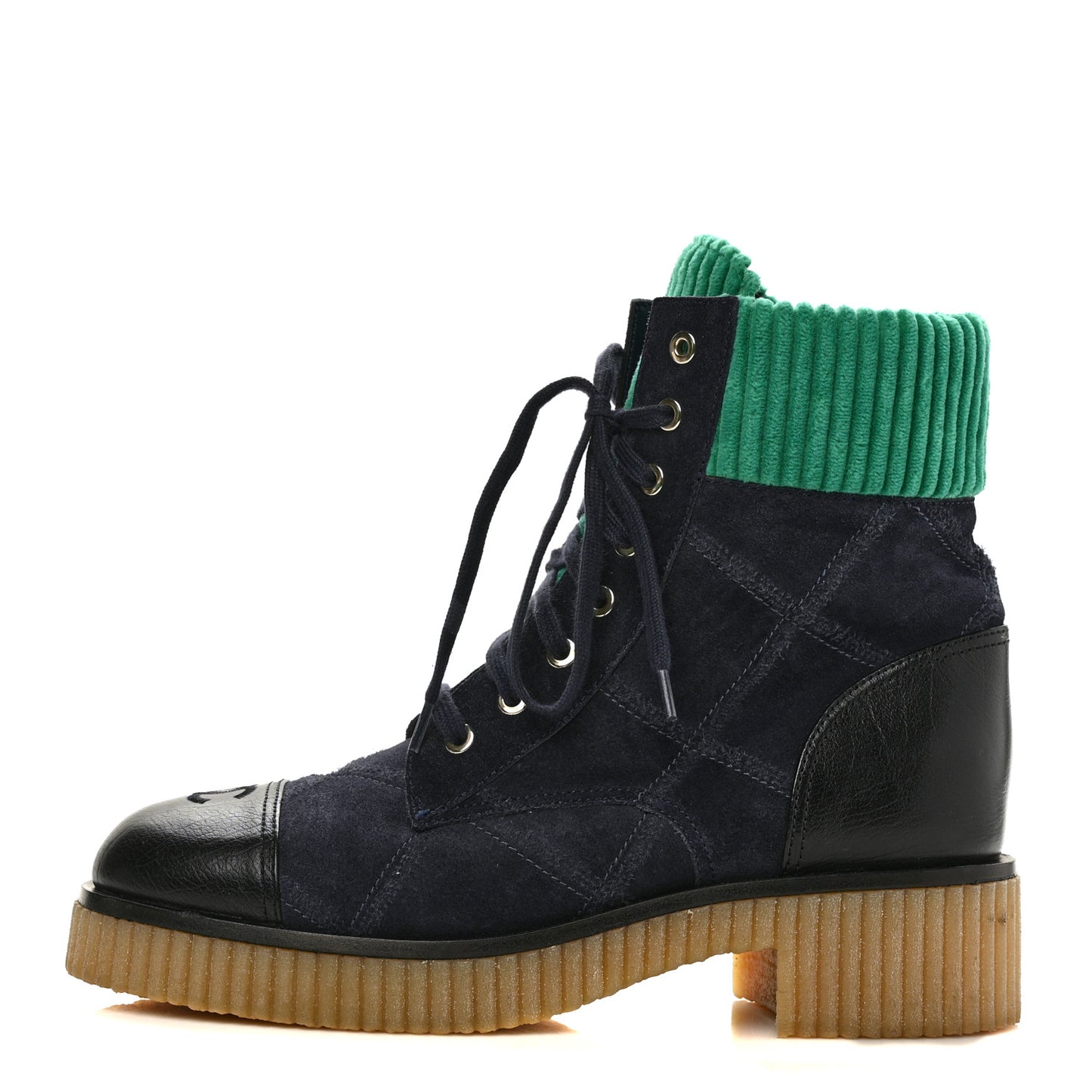 Suede Calfskin Velvet Quilted CC Combat Boots 39.5 Navy Green Black