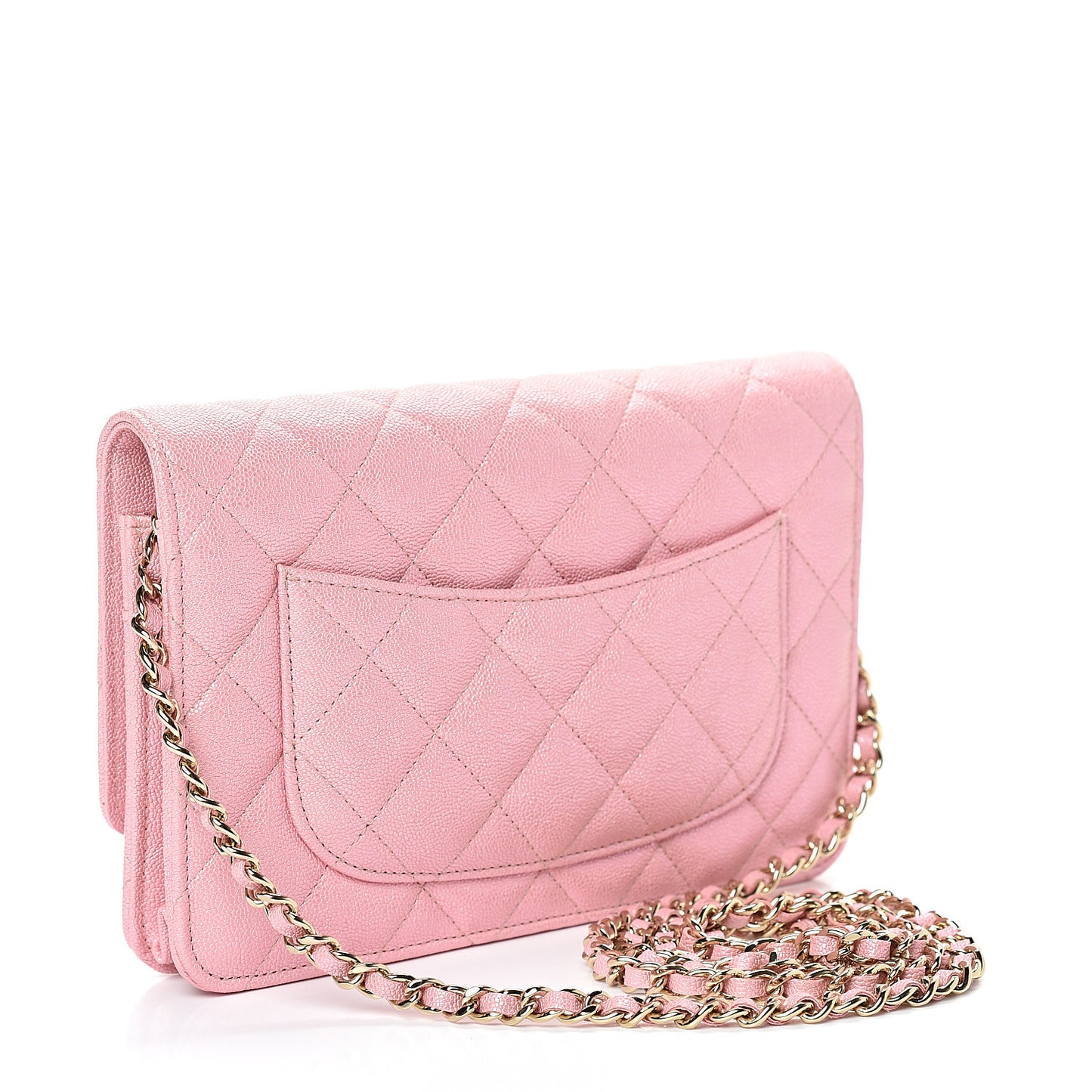 Iridescent Caviar Quilted Wallet on Chain WOC Rose Pink