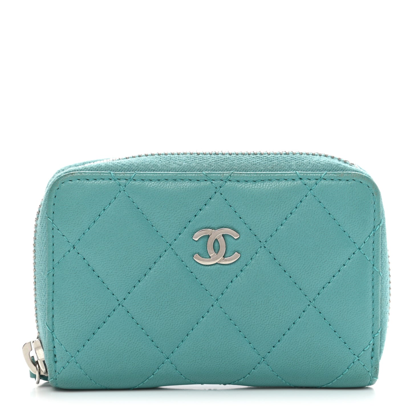 Lambskin Quilted Zip Around Coin Purse Wallet Turquoise