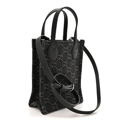 Gucci Denim GG Monogram Dollar Calfskin Mini Ophidia Tote Black Grey 3 of 10
