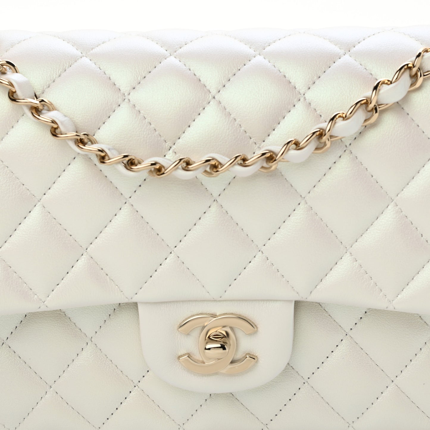 Iridescent Calfskin Quilted Medium Double Flap White