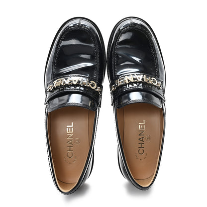 Chanel Shiny Calfskin Logo Loafers 39.5 Black 2 of 10