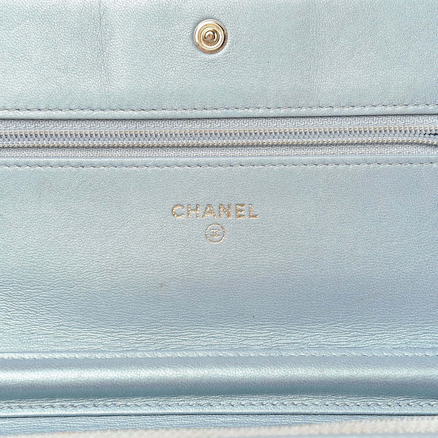 Metallic Patent Calfskin Quilted Boy Wallet on Chain WOC Light Blue