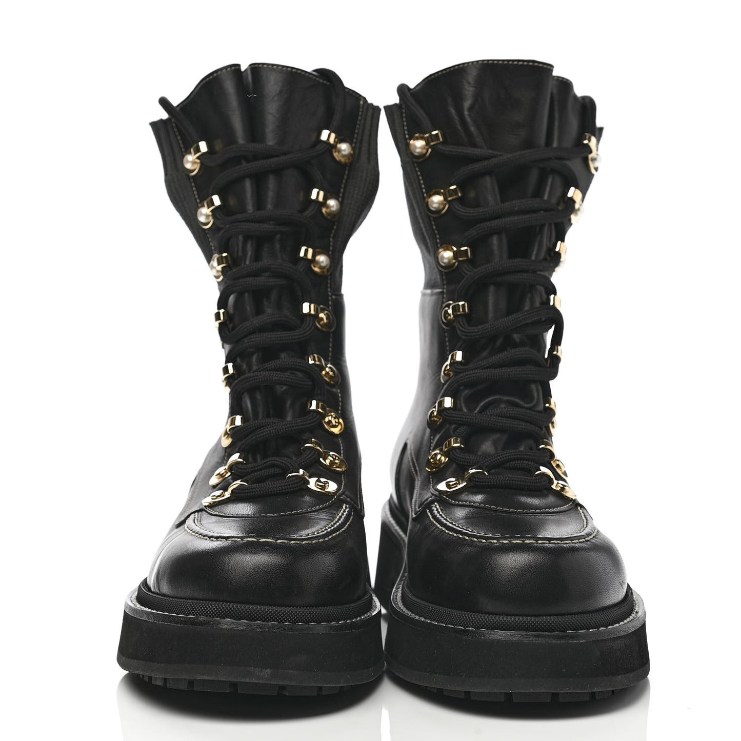 Calfskin Knit Lace Up Combat Boots 39 Black