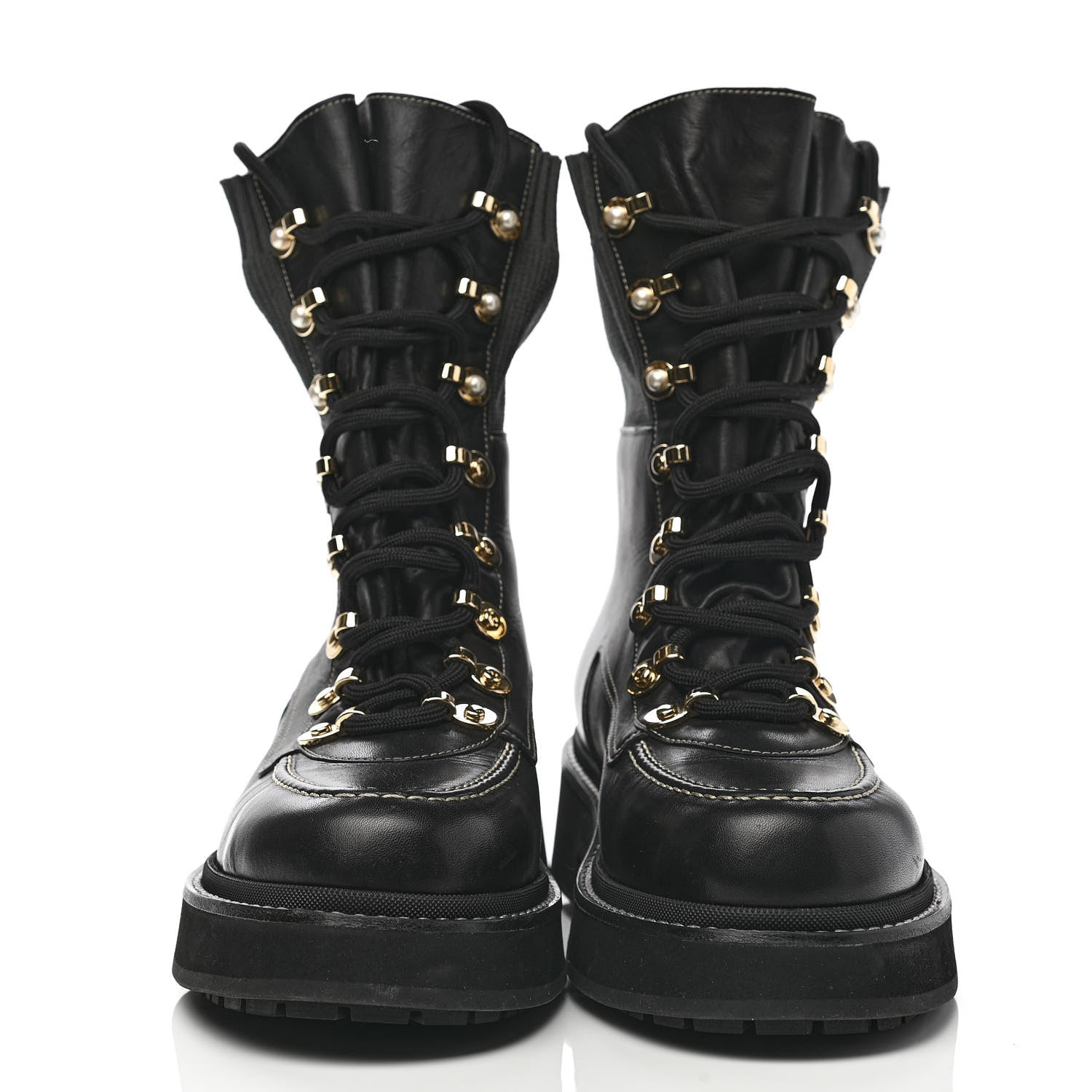 Chanel Calfskin Knit Lace Up Combat Boots 39 Black 2 of 9