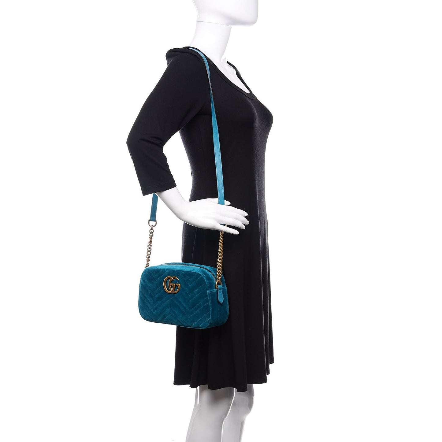 Velvet Matelasse Small GG Marmont Chain Shoulder Bag Pavone Cyan