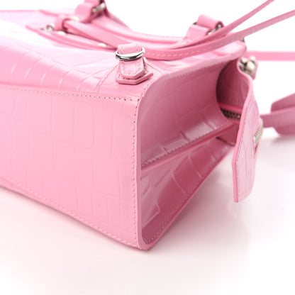 Balenciaga Semi Shiny Calfskin Crocodile Embossed Neo Classic Silver Hardware Mini City Pink 7 of 9