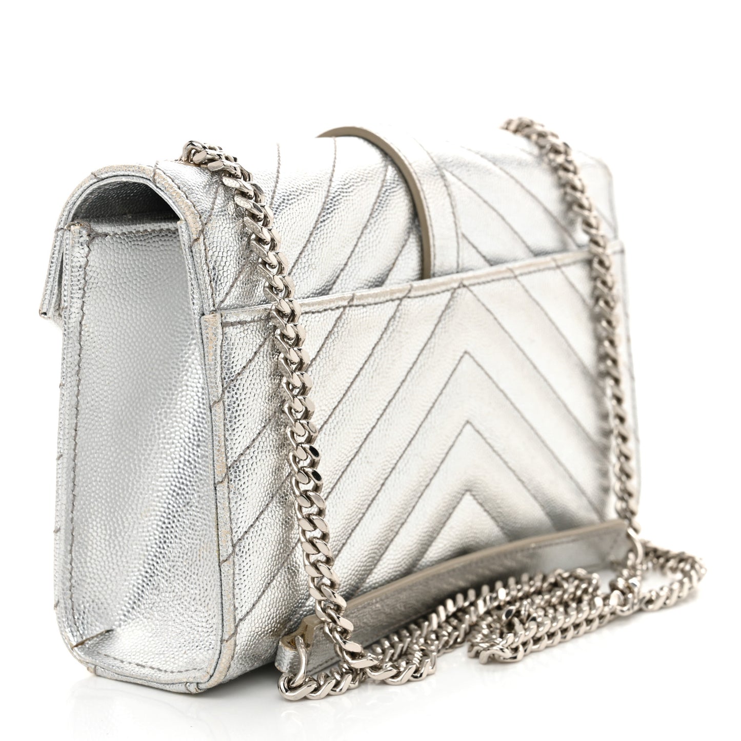 Metallic Grain De Poudre Matelasse Chevron Small Monogram Satchel Silver