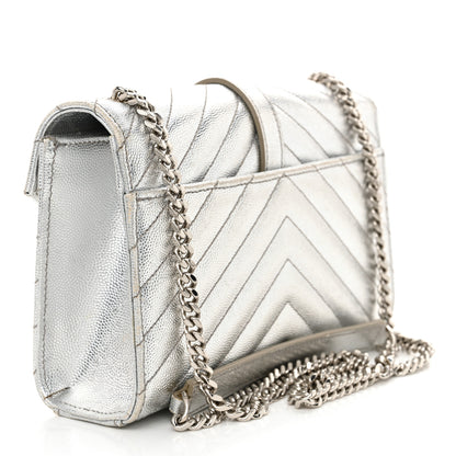 Saint Laurent Metallic Grain De Poudre Matelasse Chevron Small Monogram Satchel Silver 3 of 14