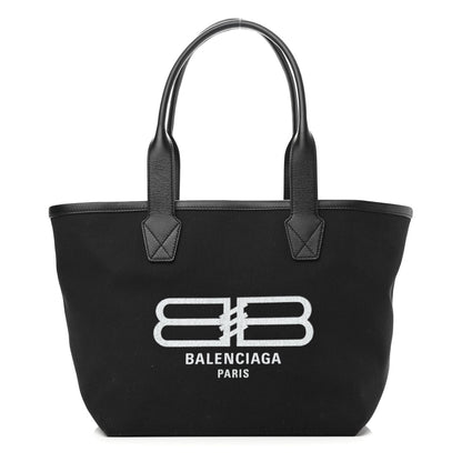 Balenciaga Cotton Canvas Calfskin BB Logo Jumbo Small Tote Bag Black White 1 of 9