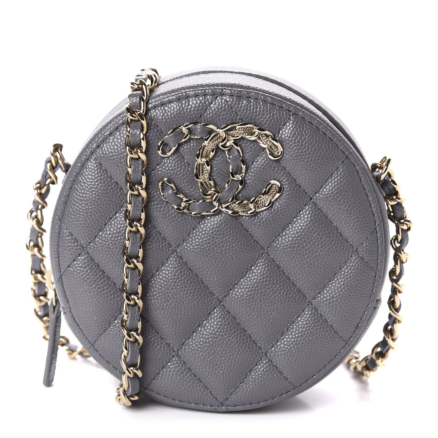 Caviar Quilted French New Wave Round Clutch With Chain Grey