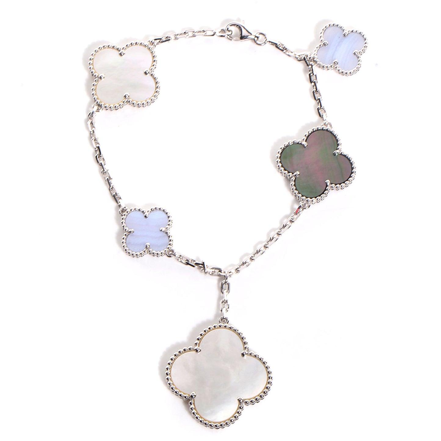18K White Gold Chalcedony Mother of Pearl 5 Motifs Magic Alhambra Bracelet