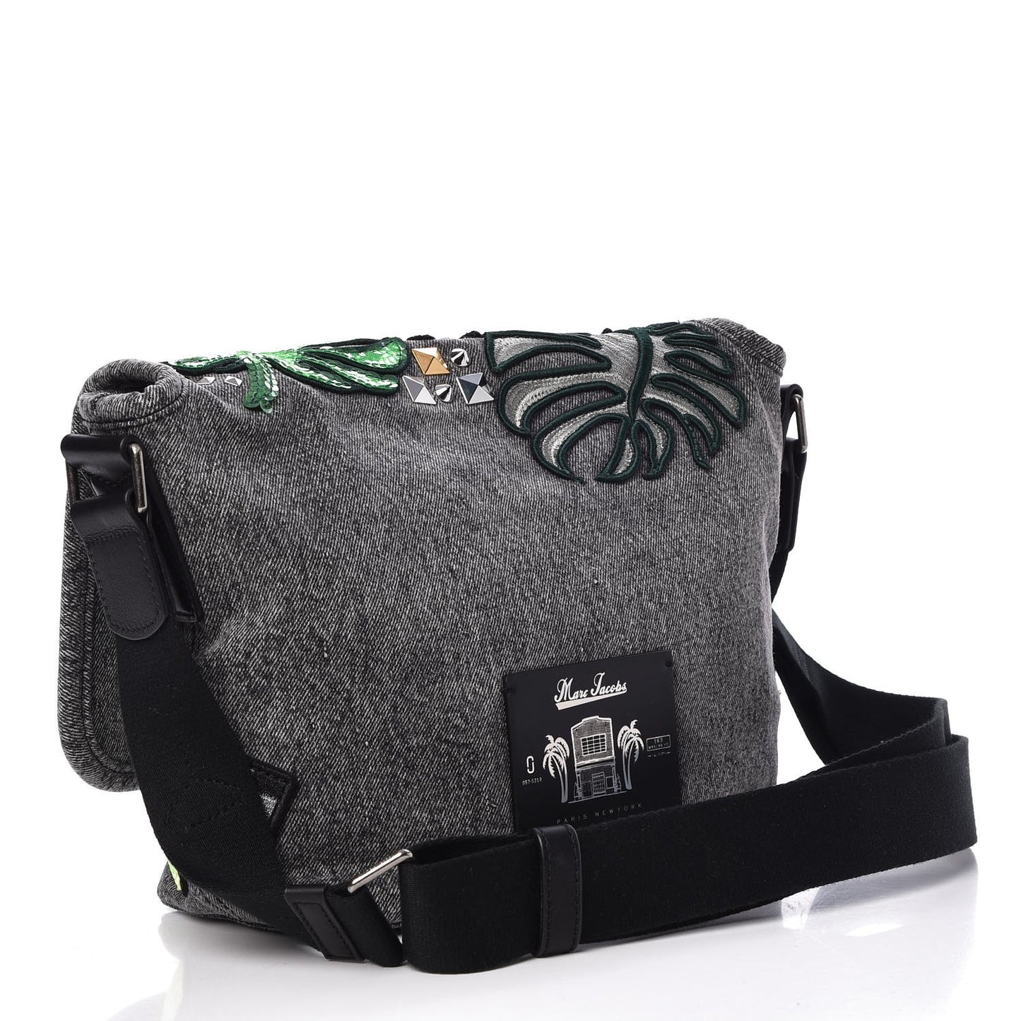 Denim Patchwork Paradise Biker Courier Bag Black