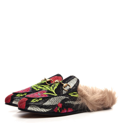 Gucci Brocade Fur Floral Womens Princetown Slippers 36 Black Anthracite 3 of 10