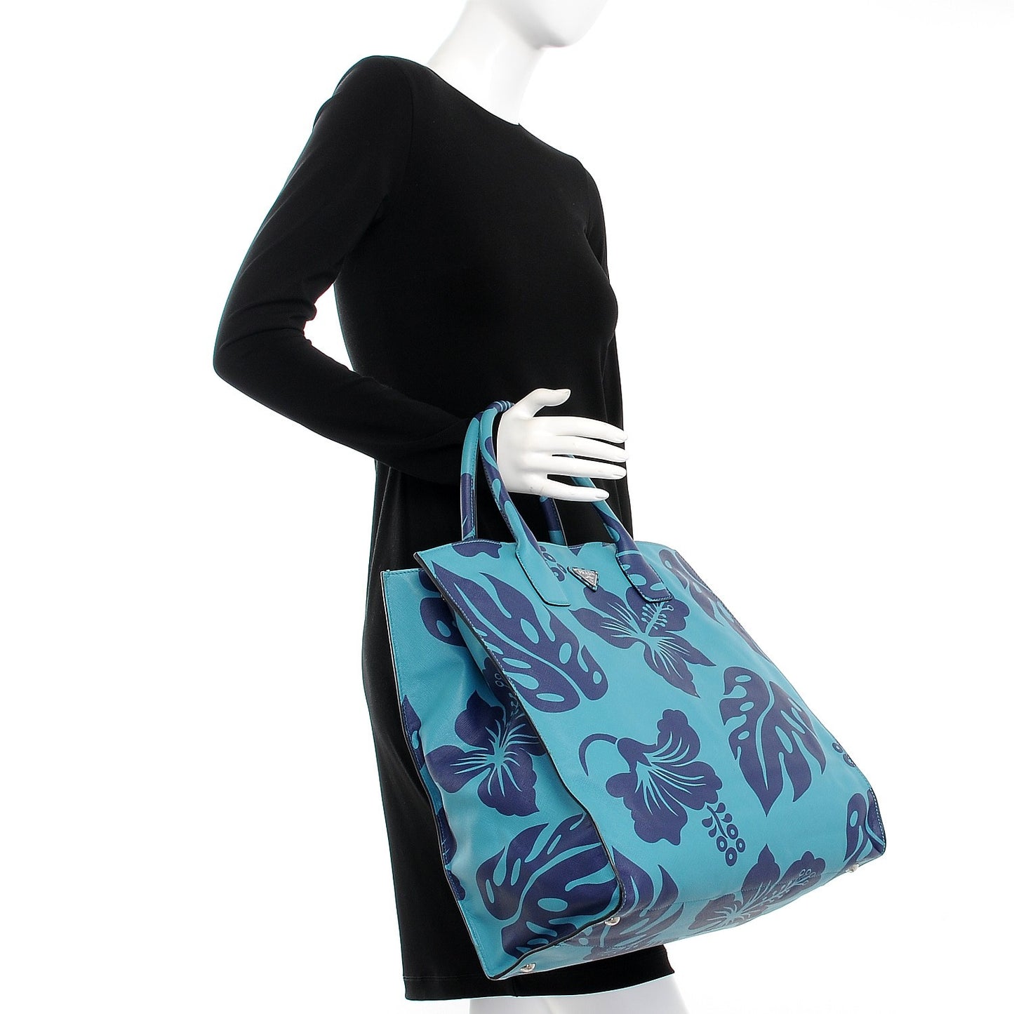 Saffiano Hibiscus Print Tote Turchese Baltico