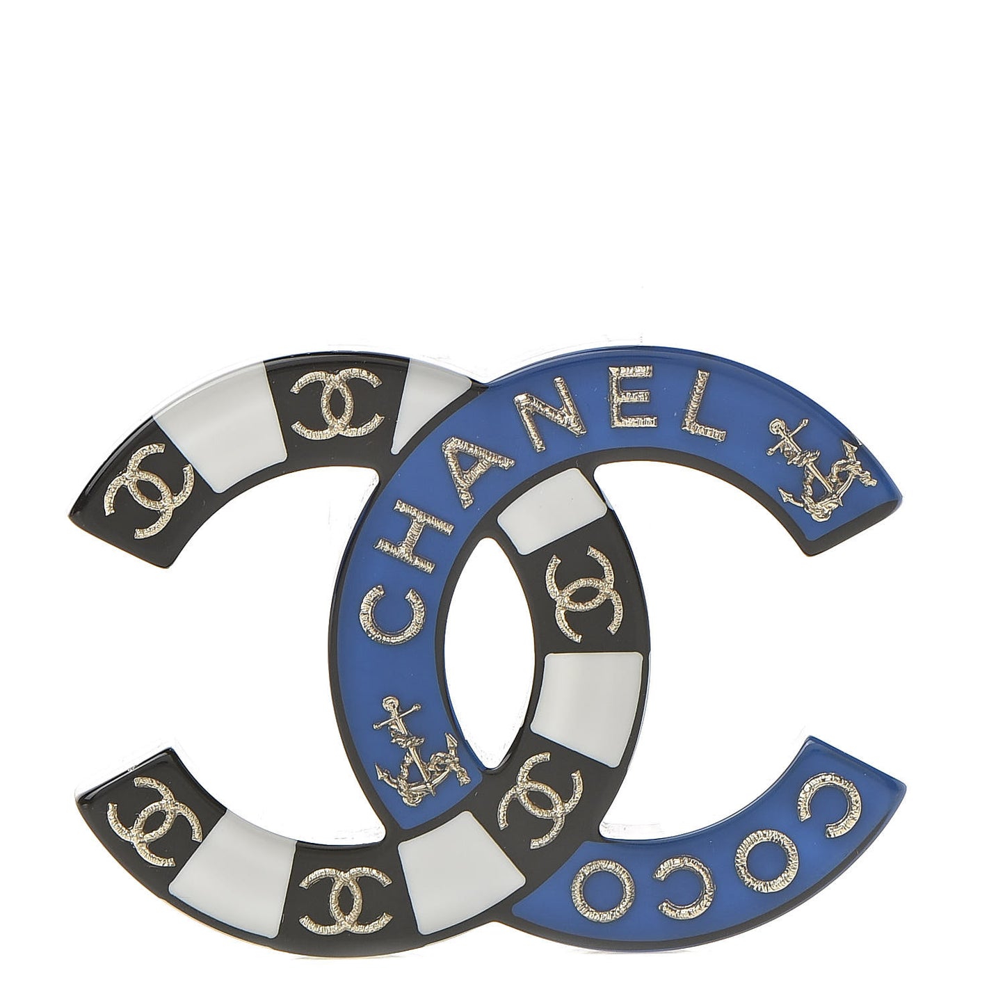 Crystal Enamel Stripe CC Brooch Gold Blue White