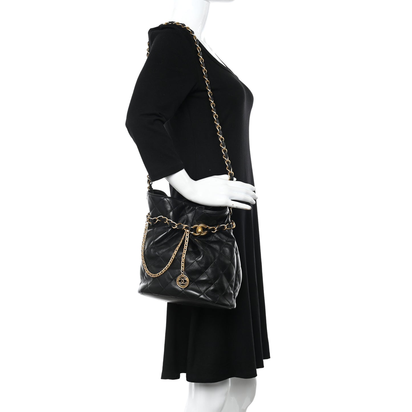 Lambskin Quilted Fancy Jewel Bucket Drawstring Bag Black