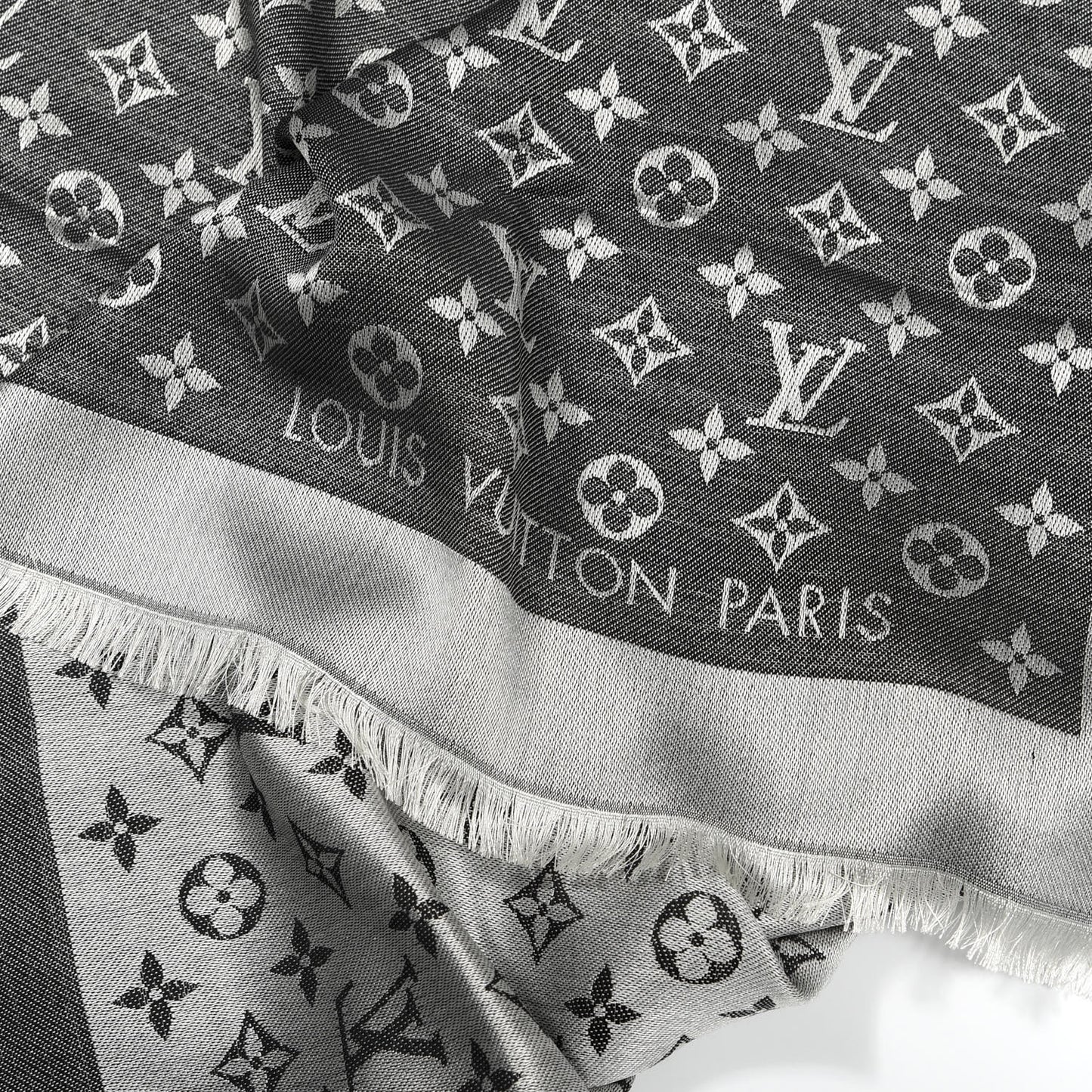 Wool Silk Monogram Denim Shawl Black